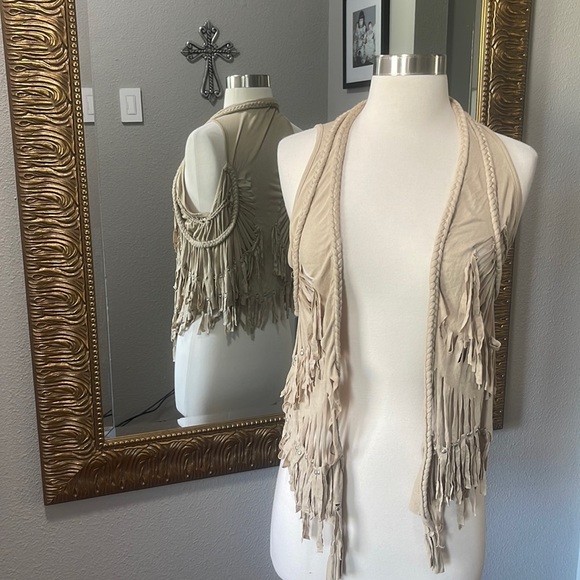 Audrey Ann Jackets & Blazers - Audrey Ann Fringed Tan Vest